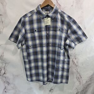 REI Co Op Shirt Mens Medium Blue Plaid Snap Button Short Sleeve Ripstop Vented